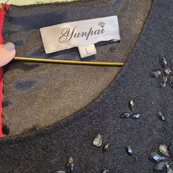 Black And RED Rayon Wool Dress Sequins Zip Deco sz Large - Picture 2 of 5